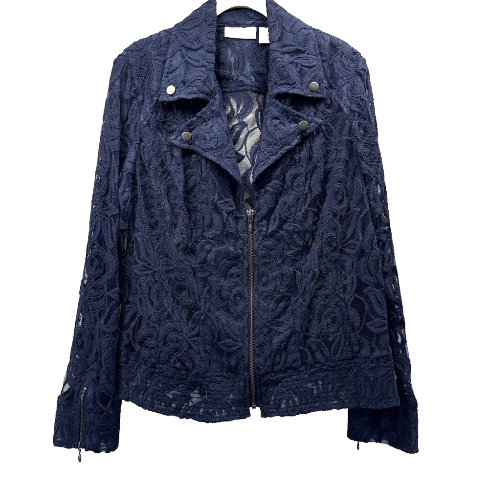 Chicos Women's Lace Moto Jacket Size Medium Navy Blue Lace Sheer Zipper Snaps